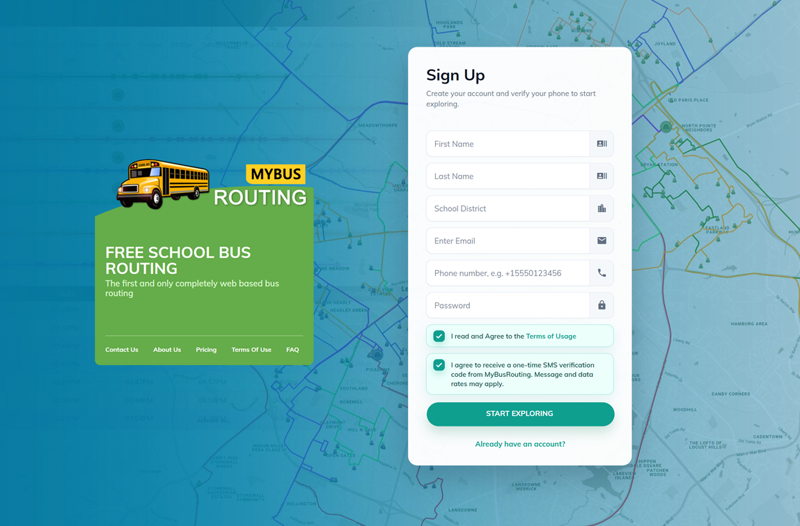MyBusRouting signup form with SMS consent checked