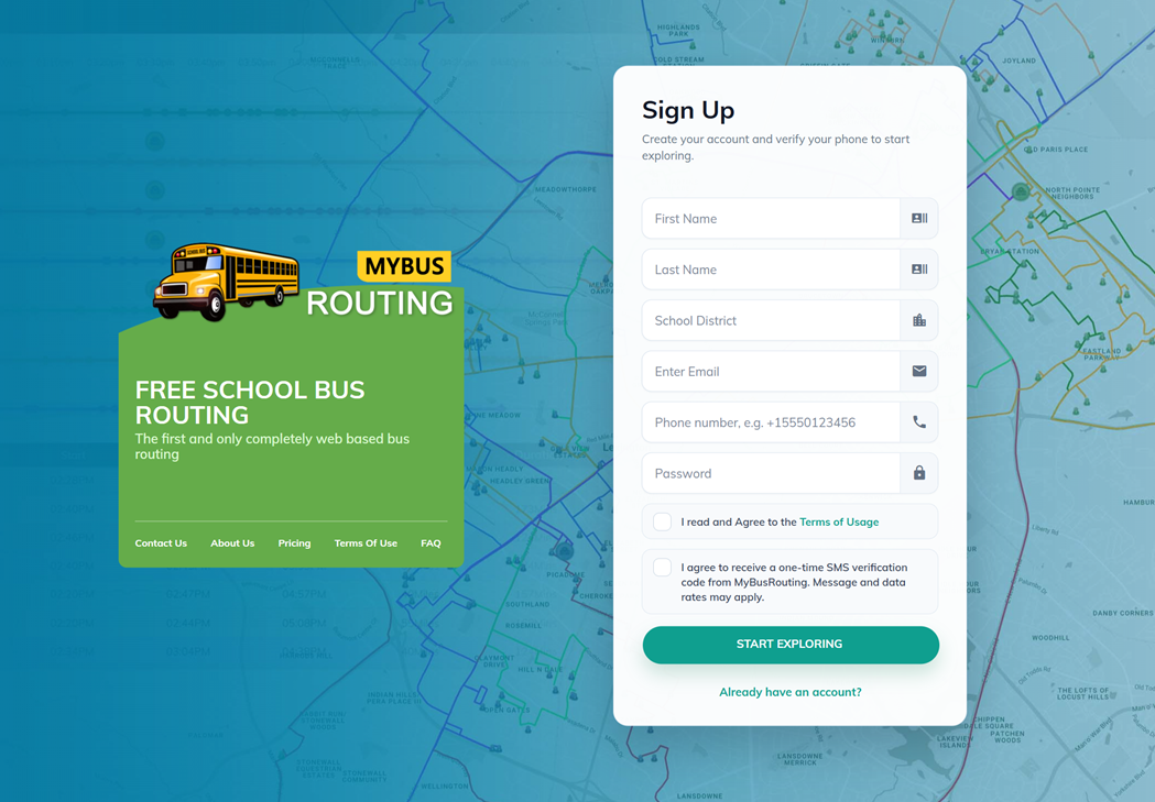 MyBusRouting signup form with SMS consent unchecked