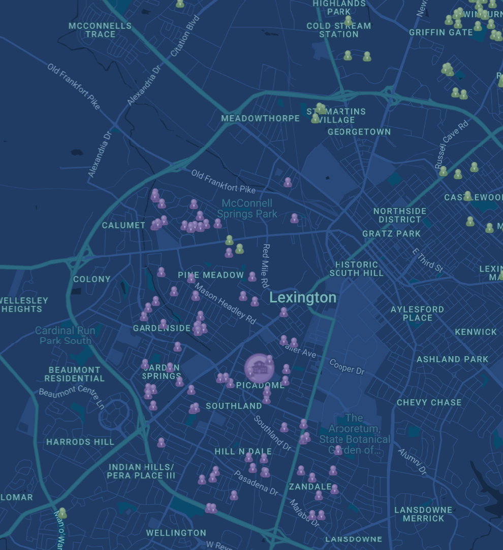 MyBusRouting service map showing schools and rider locations